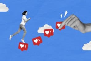 3D-s retro kreatív kollázs grafika mosolygós boldog hölgyről.