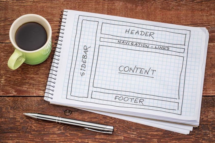 Weboldal elrendezésének tervezése - vázlat spirálfüzetben egy csésze kávéval.