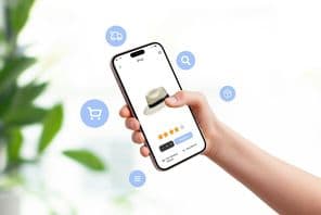 Kalap eladó a "Vásárlás most" gombot, körülvéve lebegő eCommerce.