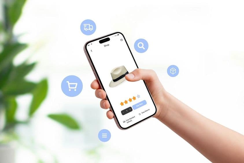 Kalap eladó a "Vásárlás most" gombot, körülvéve lebegő eCommerce.